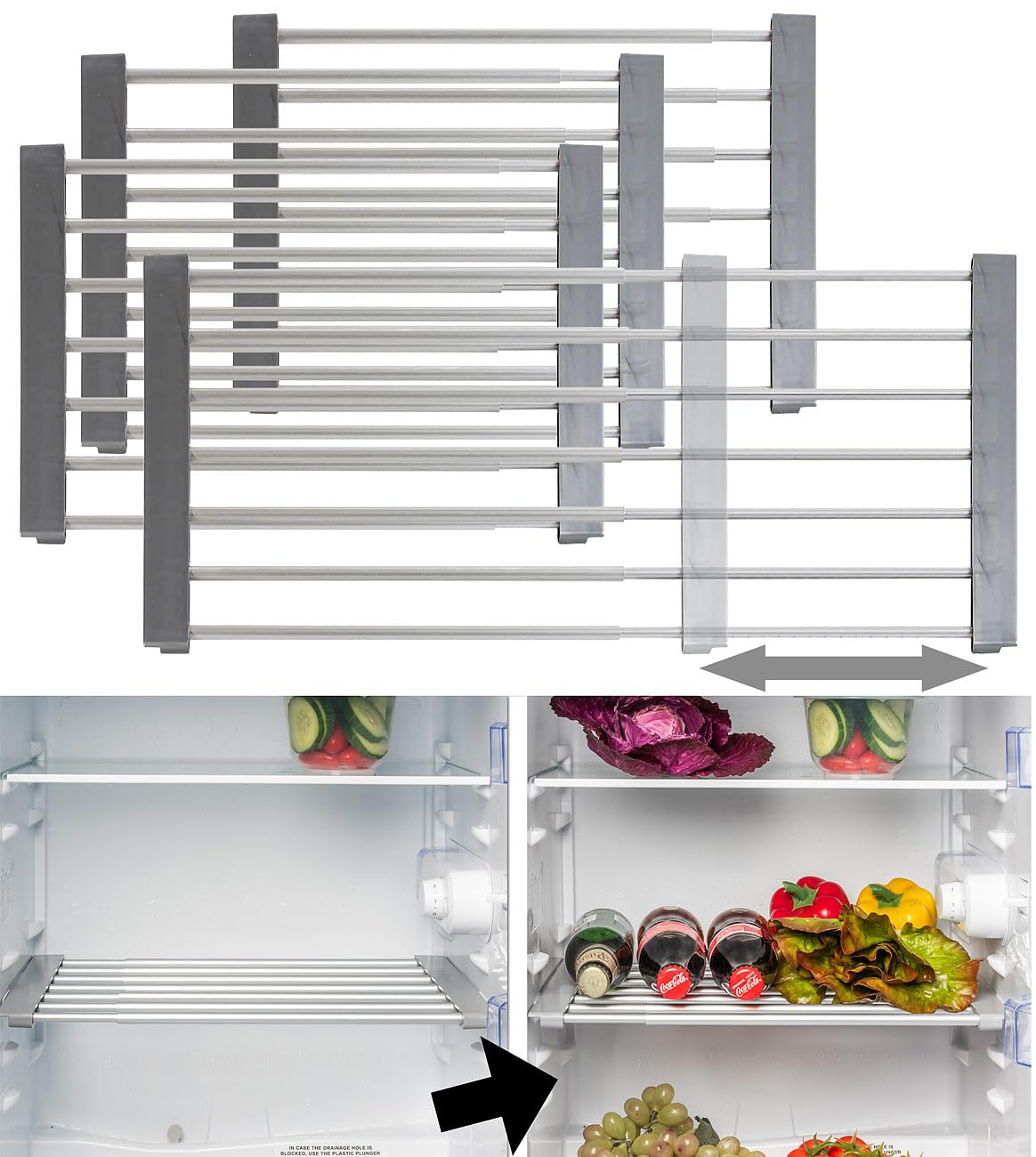 Rosenstein & Söhne Kleiderschrank Organizer: 4er-Set Univ.-Einlegeboden,f. Kühlschrank/Regale,ausziehb. bis 60cm (Einlegeböden Kühlschrank Gitter, Kühlschrank-Teiler-Schiene, Boden)