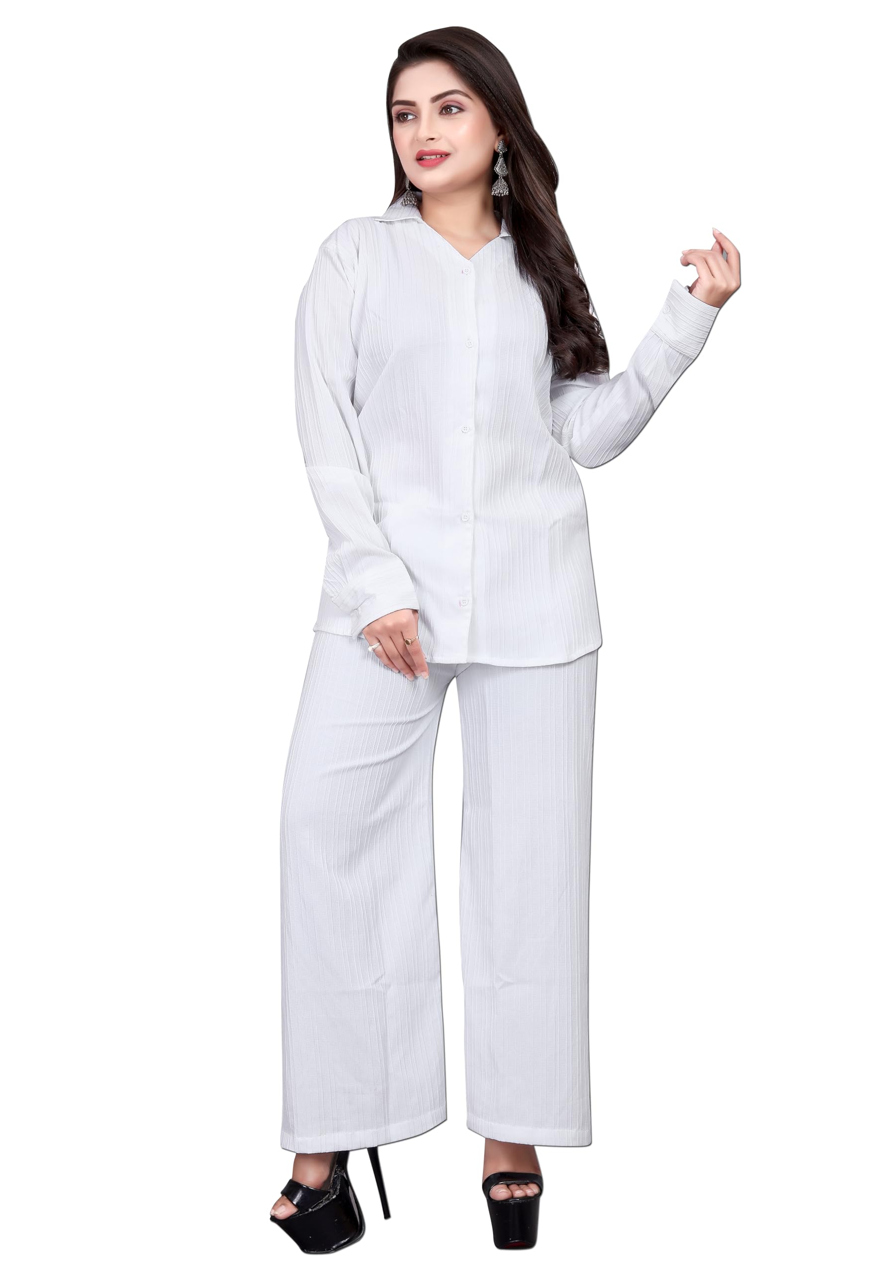 Solid Striped white full Sleeves Regular Fit Women Casual Oversized Co-ord Set | Casual Winter Co-ord Set for Women | Ladies Two piece Co-ord Set for Winter Wear-image-2