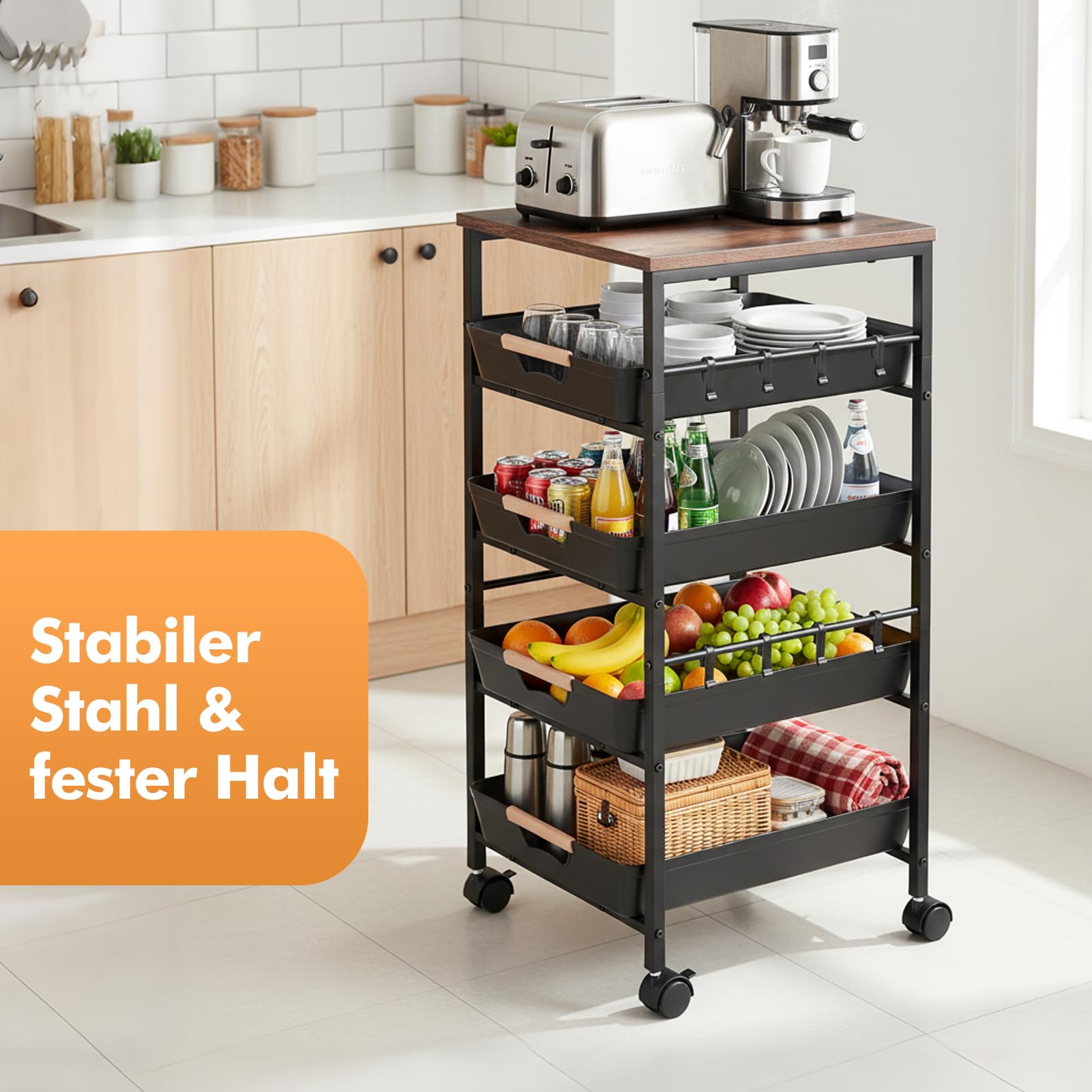 Rollwagen mit Schubladen 5-Stöckiger, Rollwagen Metall Küchenwagen auf Rollen, Aufbewahrungswagen aus Metall mit Holzplatte, Belüfteten Körben und Rollen, Snack-Organizer für Obst, Gemüse, Mikrowelle