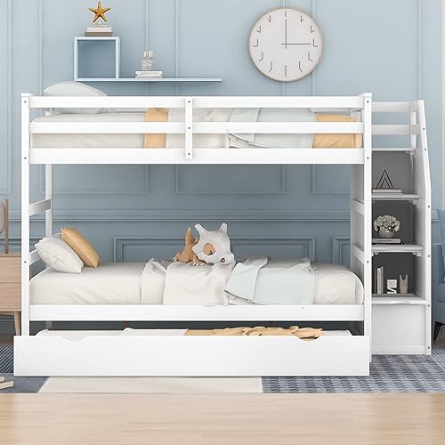 Miniatura 74 de Harper & Bright Designs Litera individual sobre cama individual con nido, marco de cama de madera para niños con escaleras y barandilla de gran