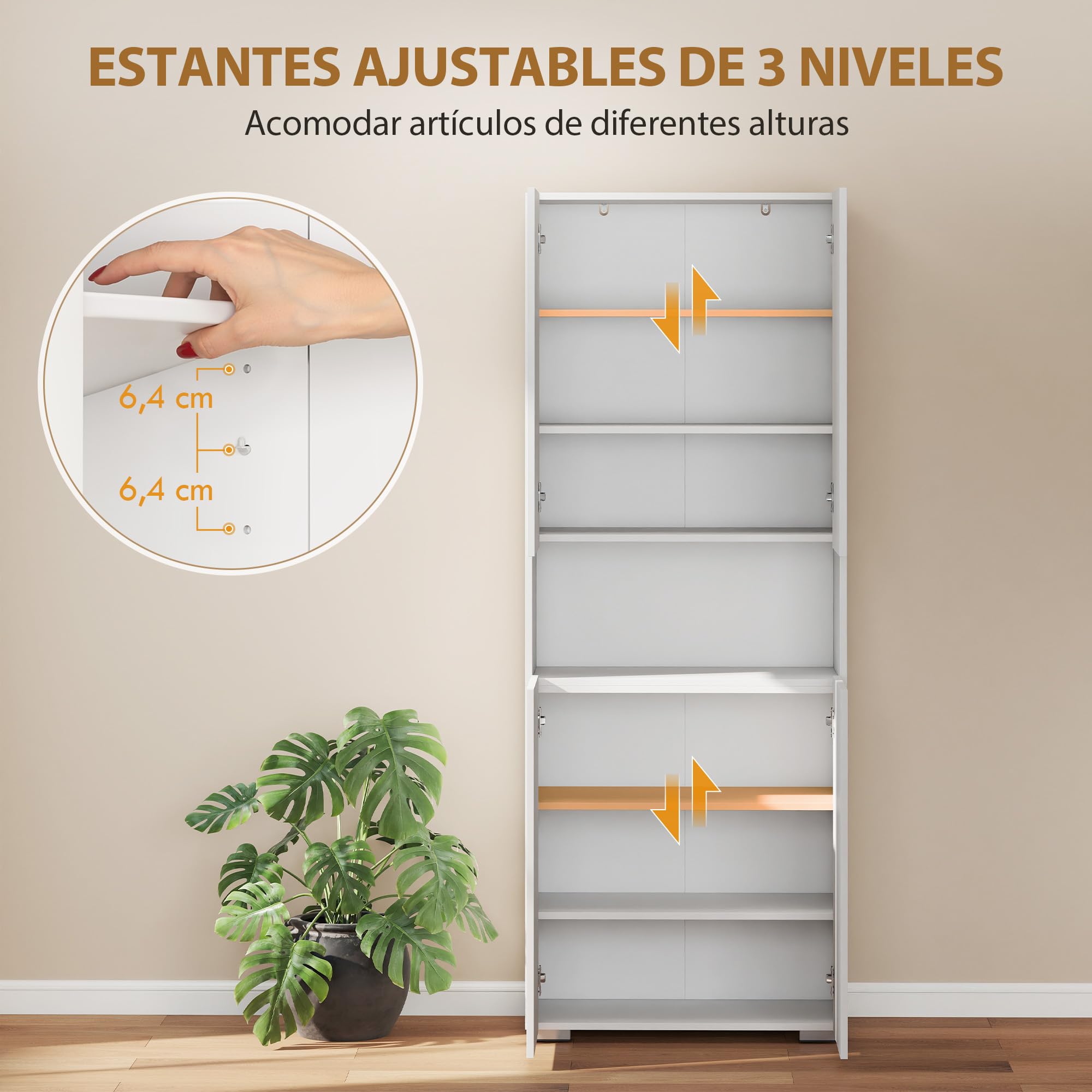 HOMCOM Alacena de Cocina, Mueble Auxiliar de Cocina de Blanco Brillo con 4 Puertas, Compartimento Abierto, Estantes Ajustables, 68x34x180 cm