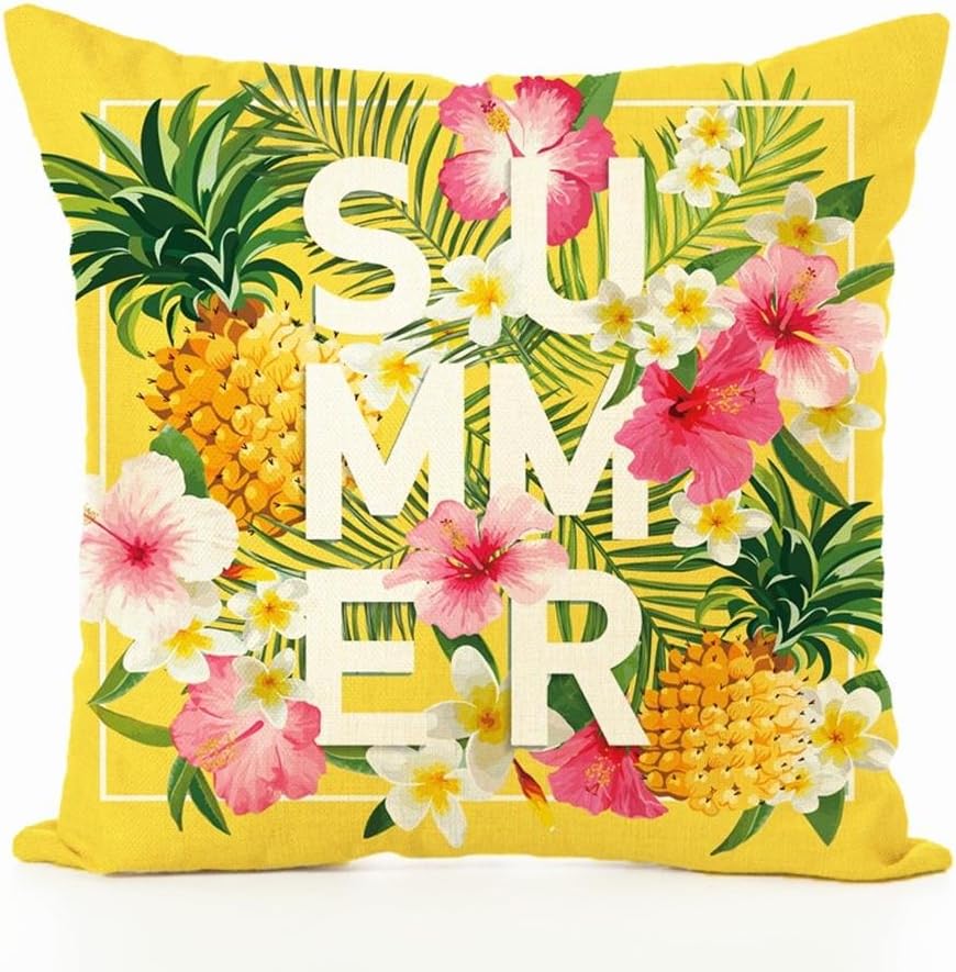 Jaytis Home Decorative Throw Pillow Covers Cotton Linen Cushion Covers for Sofa Couch 18 x 18 inch, Yellow Summer Aloha