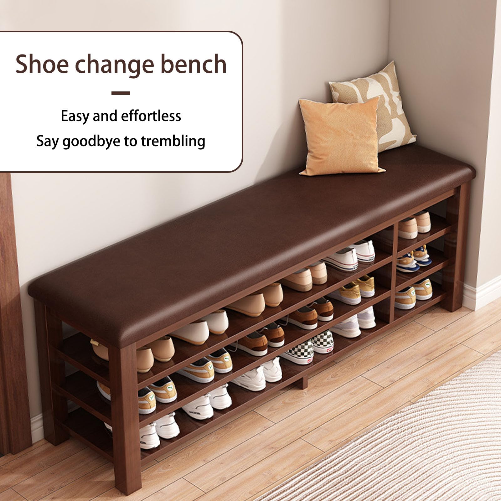 Banco de almacenamiento de zapatos duradero de 100 cm para exteriores con asiento de madera, elegante diseño de rejilla, zapatero móvil perfecto para uso en puerta delantera, color marrón.