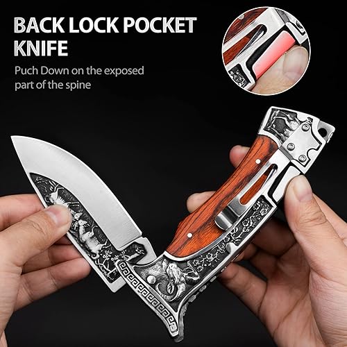 Miniatura 4 de NEDFOSS Regalos para hombres cuchillo plegable de bolsillo, hoja única grabada de 8.6 pulgadas, cuchillo de bolsillo con asas de madera con bloqueo