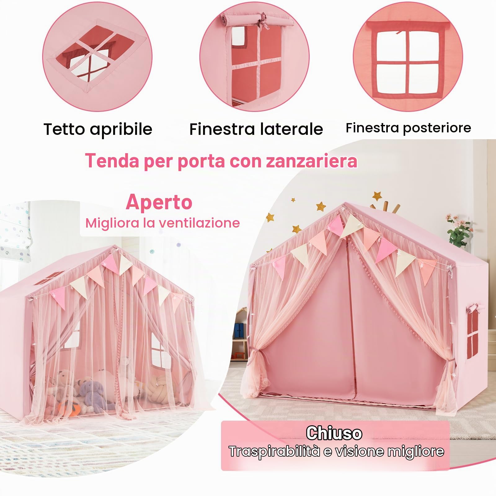 HOMASIS Tenda per Bambini Indoor, Casa da Gioco con Tappetino, Luci e Bandiere, Tenda da Gioco in Cotone, Tenda per Principesse per Ragazze e Ragazzi dai 3+ Anni per Camera dei Bambini (Rosa)