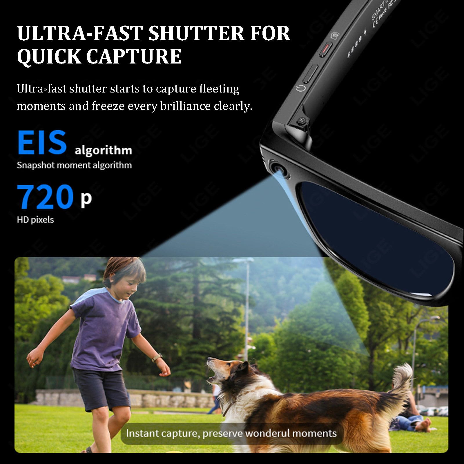 Fashion AI Camera Smart Glasses IP65 Waterproof Bluetooth Call Playing Music Smart Glasses Identify Pictures Use ChatGPT, for Travel Meeting Business,A