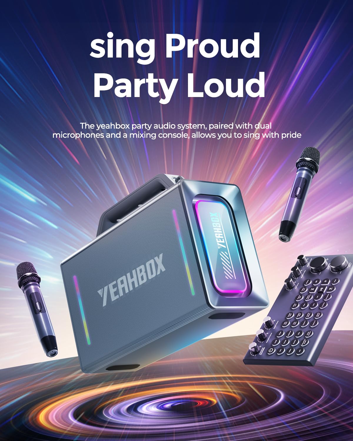 YEAHBOX Thunder 500 - Altoparlante portatile Bluetooth per karaoke, 200 W massimo, con 2 microfoni wireless, sistema PA e luci LED, per interni ed esterni, feste in casa, supporta EQ/AUX/USB/TF