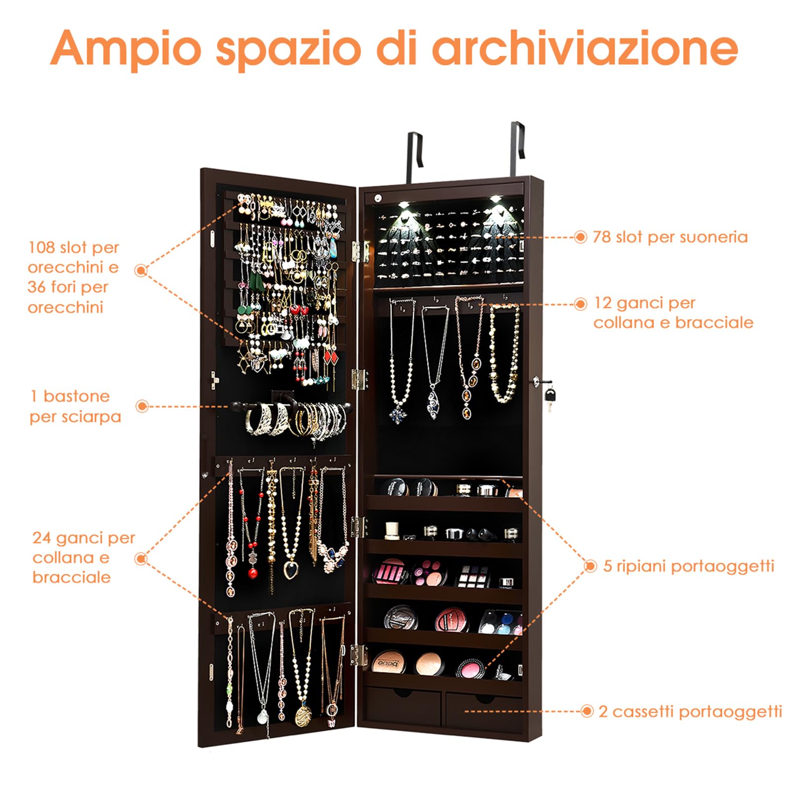 COSTWAY Armadio per Gioielli con 2 luci LED, con Specchio a Figura, Organizer Montato al Muro con Ganci Regolabili per Appendere, Armadio Portagioie per Truccarsi (Marrone)
