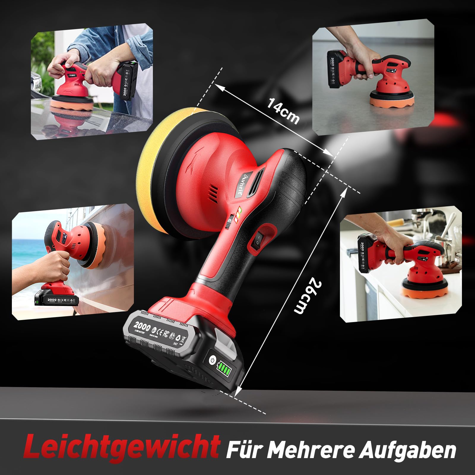 Cordless Buffer Poliermaschine Auto Akku, 2x2000mAh Batterie (Bis zu 6000 U/min) Poliermaschine Auto, 6'' Autopolierer, 8 mm Exzenter-Poliermaschine für Auto-und Bootspflege, Polieren Wachsen