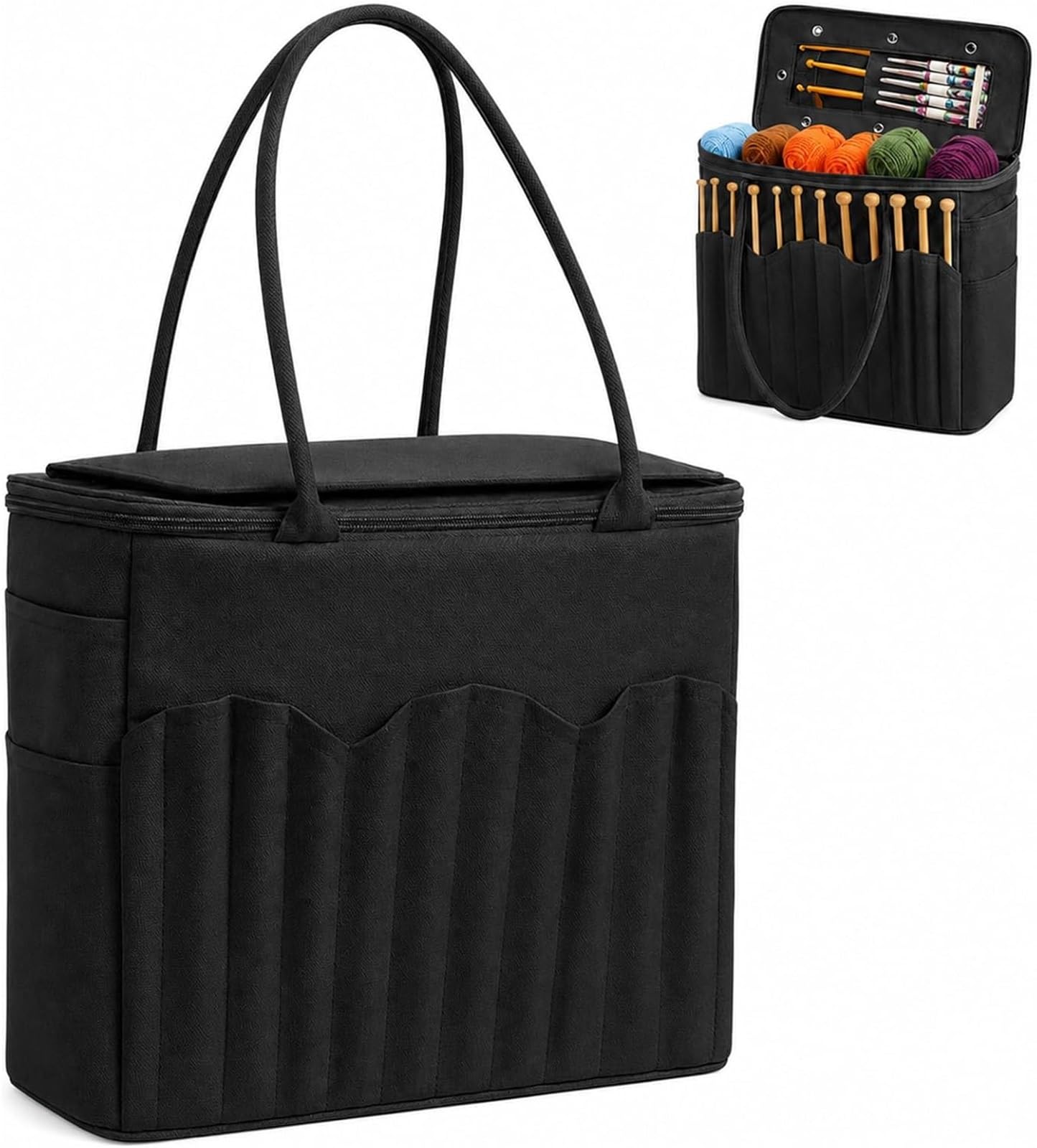 Bolsa de Tejer Lona Almacenamiento Hilo con Parche Cuero | Bolsa Grande Hilo de Lona for Tejer A Ganchillo Organizador de Ganchillo con Múltiples Bolsillos(Black)