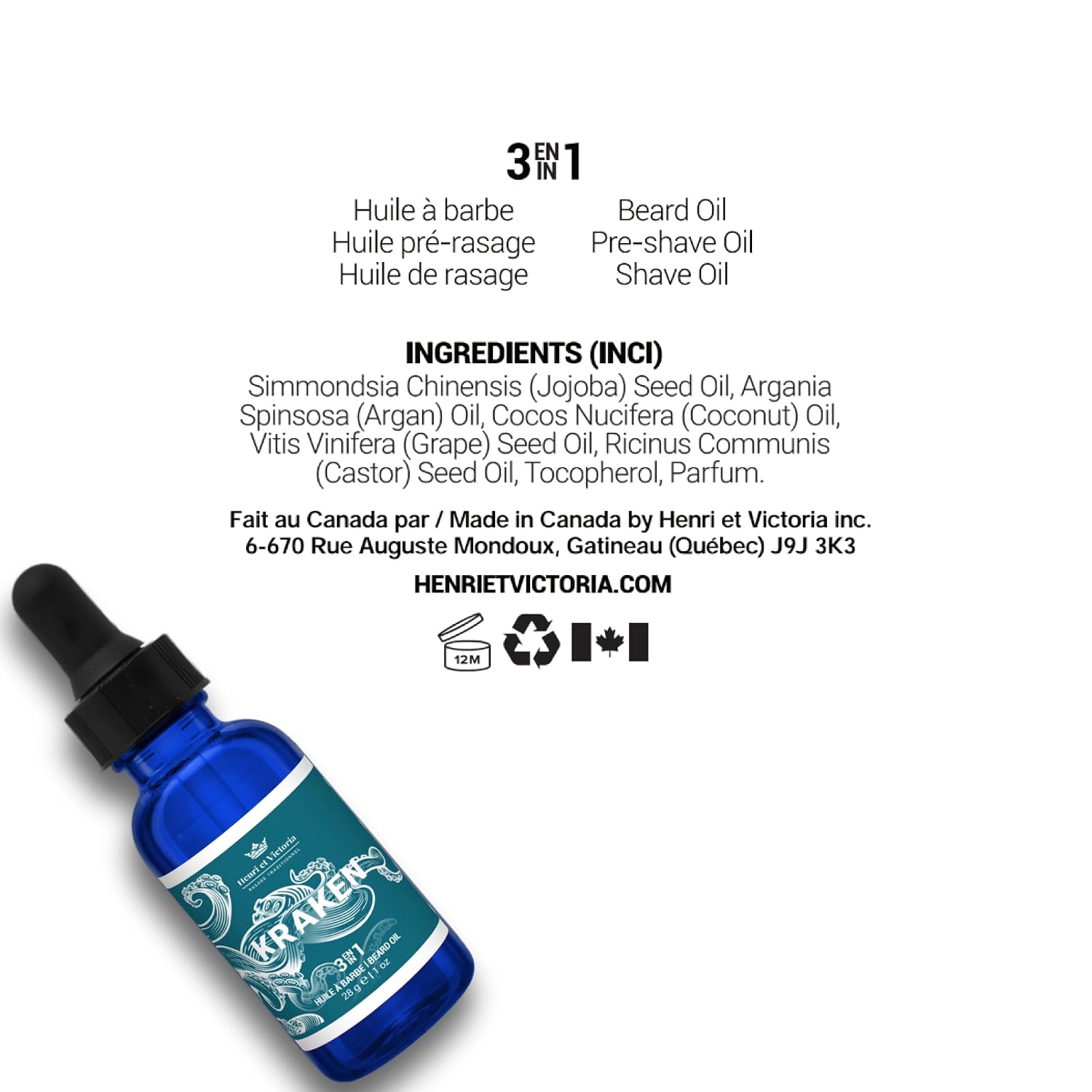 HENRI ET VICTORIA Beard Oil Kraken Fragrance | Canadian Made by Skilled Artisan | Moisturizing, Non-Greasy, Natural Ingredients
