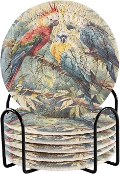 CEBUGI Parrot Coasters Set of 6 Absorbent Drink Coasters with Holder for Tabletop Protection Home Decor