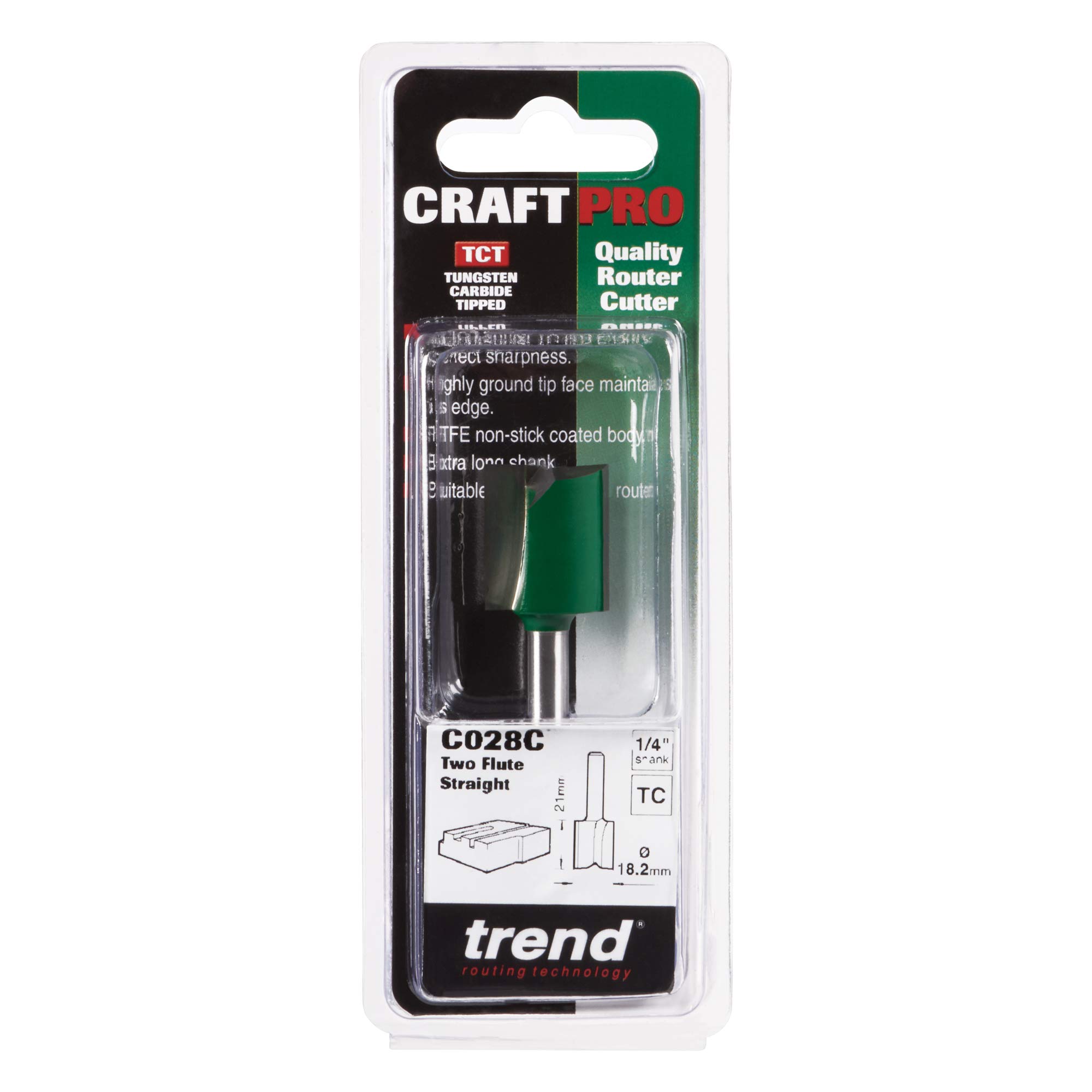 Trend Frez prosty 2 ostrza Ø18,2x21 mm, chwyt 1/4 TCT do drewna | Węglik wolframu TCT: czyste frezowanie drewna i kompozytów, Ø18,2 mm, 21 mm, C028CX1/4TC