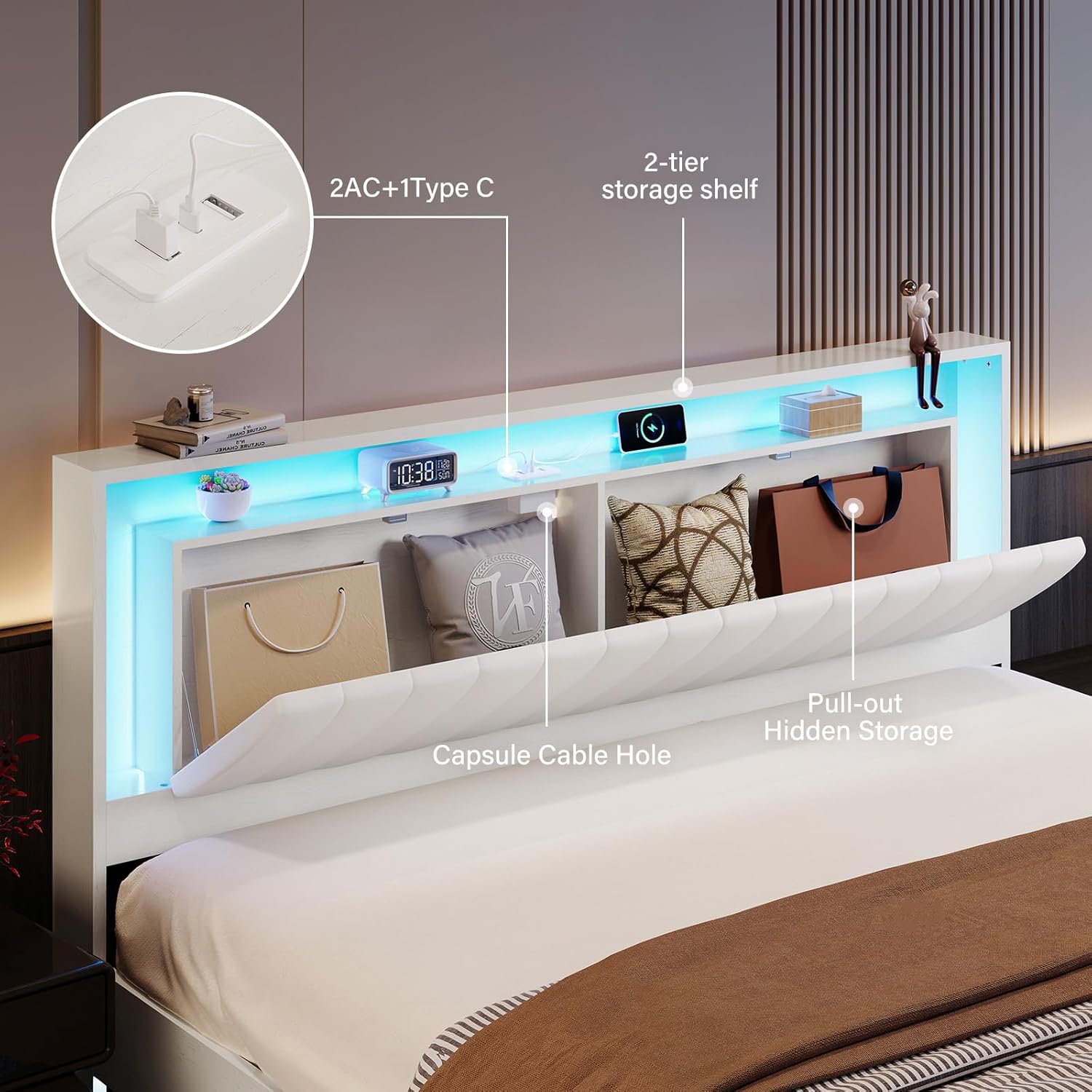 Belffin Floating Bed Frame King Size with LED Lights & Charging Station, Wooden Headboard with Hidden Storage and Faux Leather Backrest, Easy Cleaning, No Box Spring Needed, Noise-Free, White