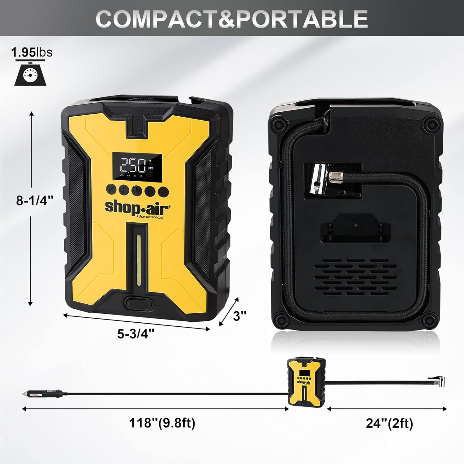 SHOP·AIR Portable Air Compressor 150 PSI, Bike Pump, 12V DC Electric Air Pump for Car Tires and Bicycles, Emergency LED Light, Auto Pump/Shut Off, Various Nozzle Adaptors Included : Automotive