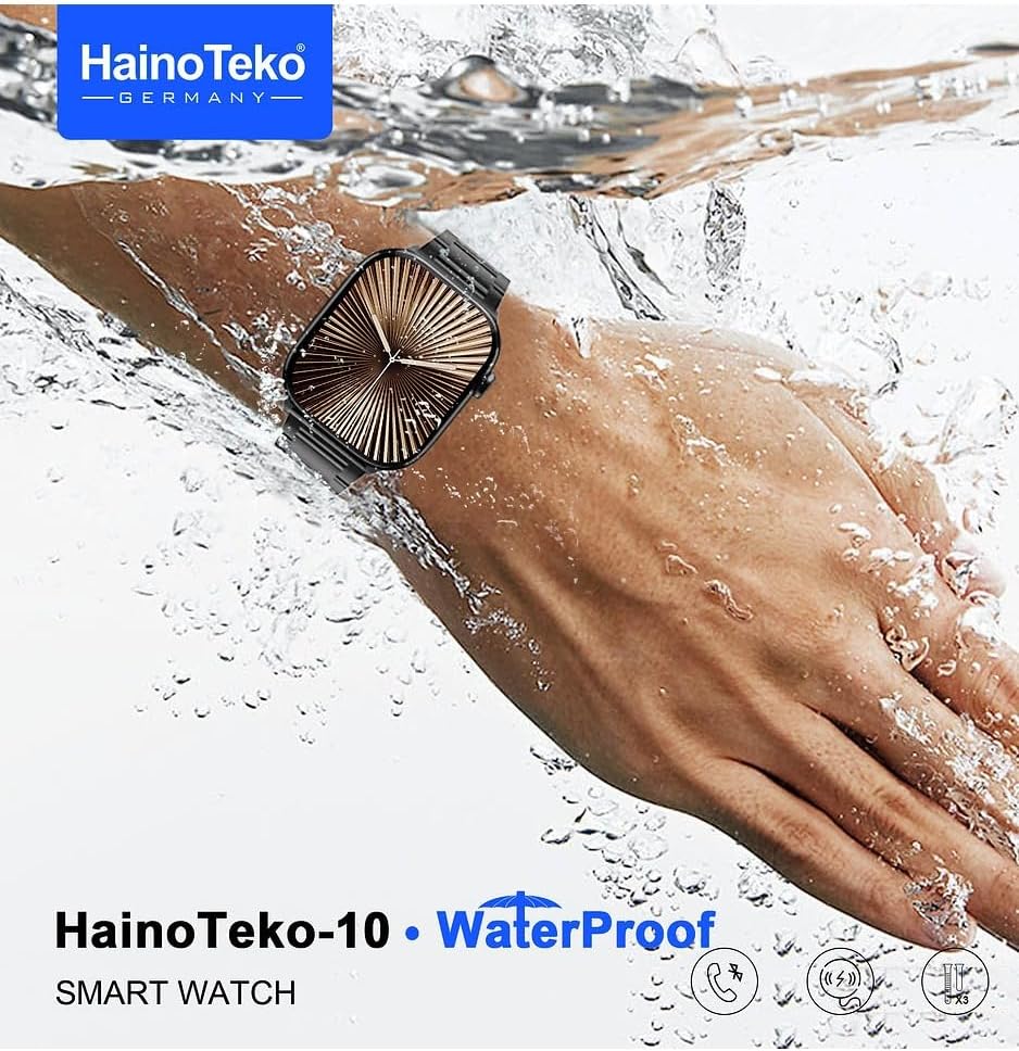 A HainoTeko-10 Smart Watch being splashed with water, demonstrating its water-resistant capability.