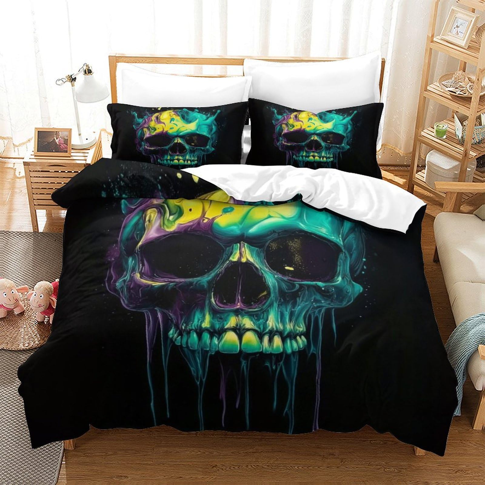 P1s9u7w5y Skull-1 3D Printed Colorful Skull 3Pcs Microfiber Duvet Cover Set Trendy Skull Bedding Set Double（200X200cm）