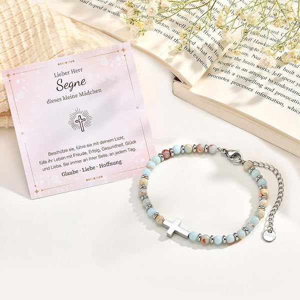 Kommunion Geschenke für Mädchen Kreuz Armband - Naturstein Armbänder mit Kreuz für Kinder Jugendlicher, Kinderarmband für Geburtstag Ostern Konfirmation Firmung Erstkommunion Geschenke für Mädchen - 5