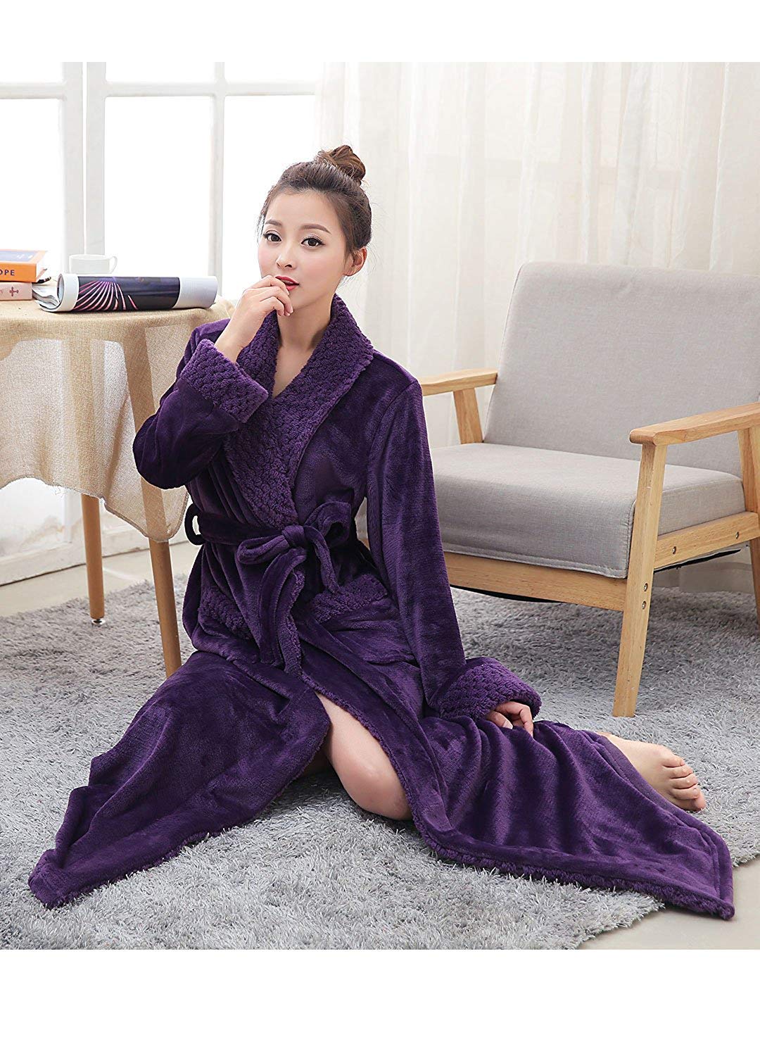 PUTUO Albornoz Mujer Bata de Baño: Largo Invierno Albornoz Mujer Bata de Baño Microfibra