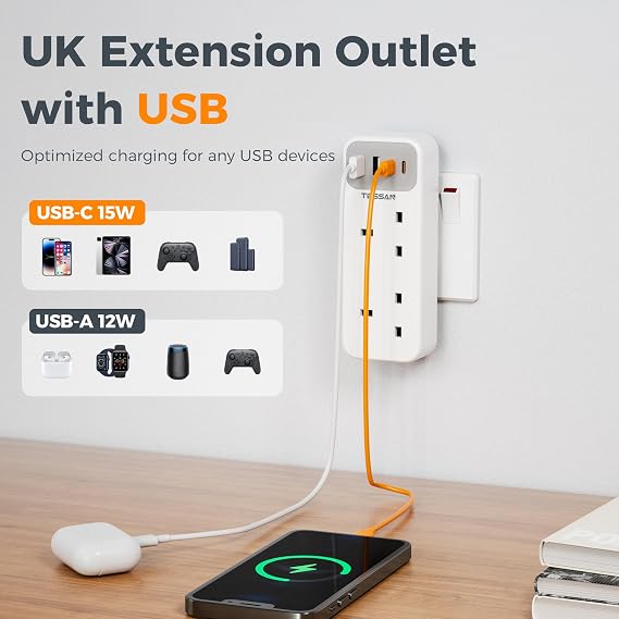 TESSAN Double Plug Adapter UK with 2 USB C, Multi Plug Extension Socket