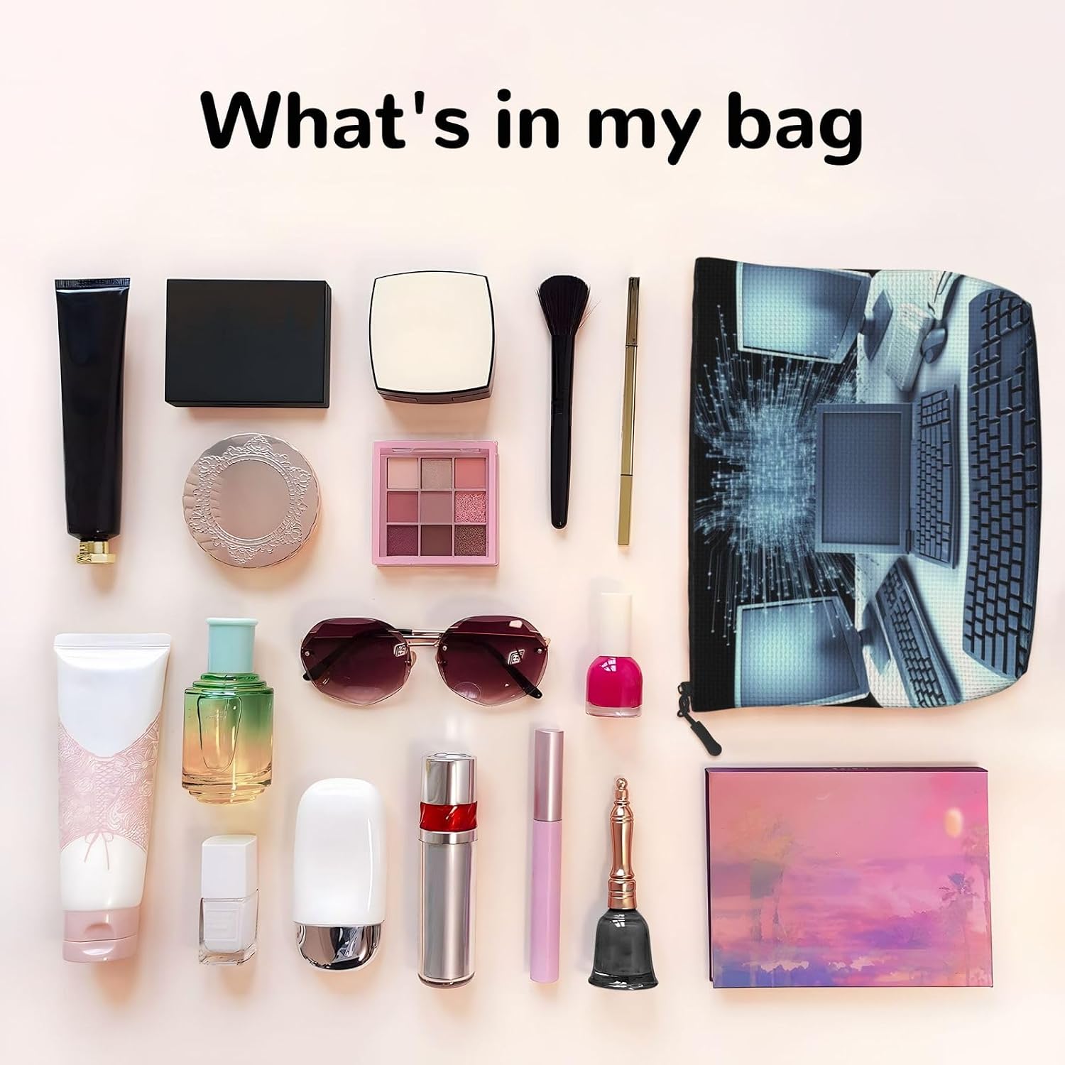Computers And Internet Makeup Bag For Women, Waterproof Linen Travel Cosmetic Case Lightweight Zipper Travel Toiletry Bag Organizer Makeup Brushes Storage Bag image 3