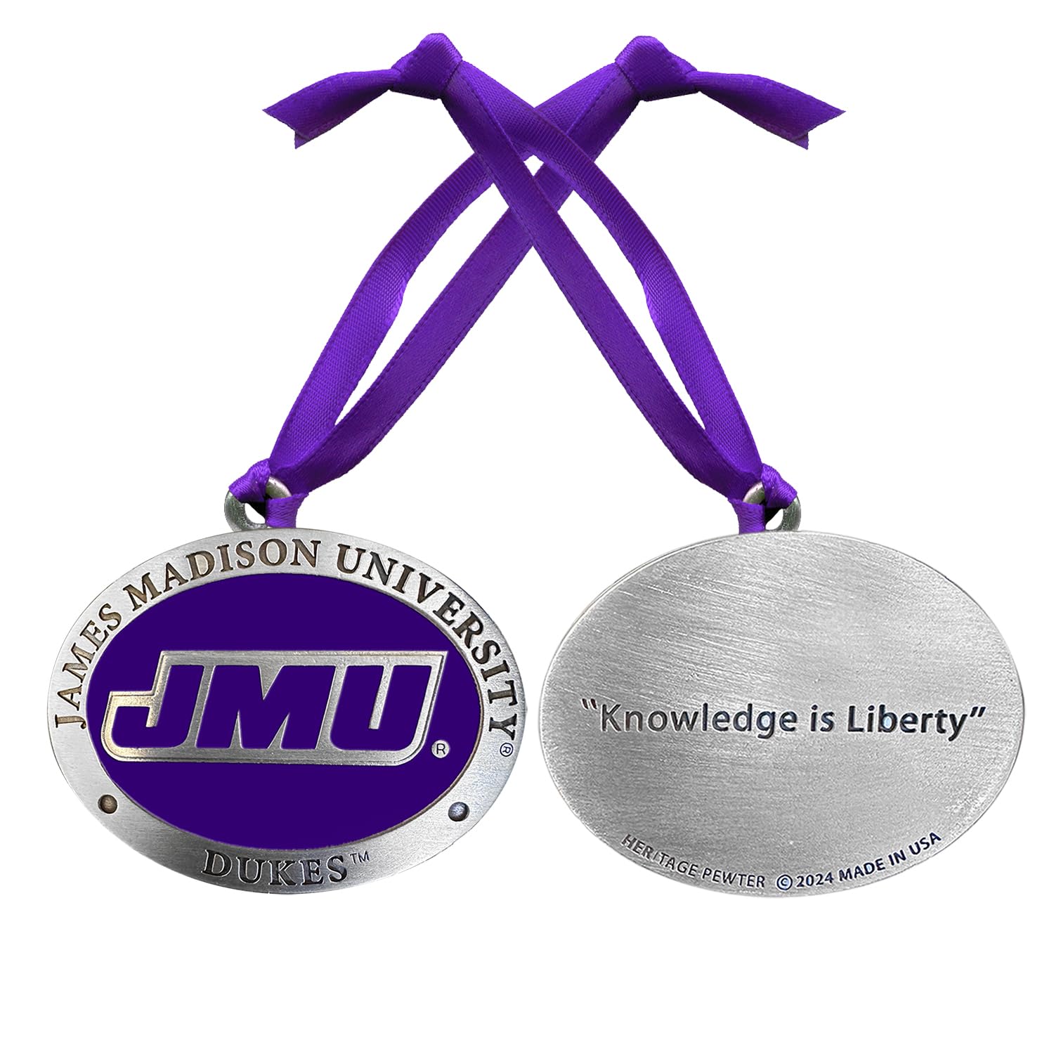 JMU Ornament | Hand-Sculpted Christmas Tree Ornament | Intricately Crafted Metal Pewter Alma Mater Inlay