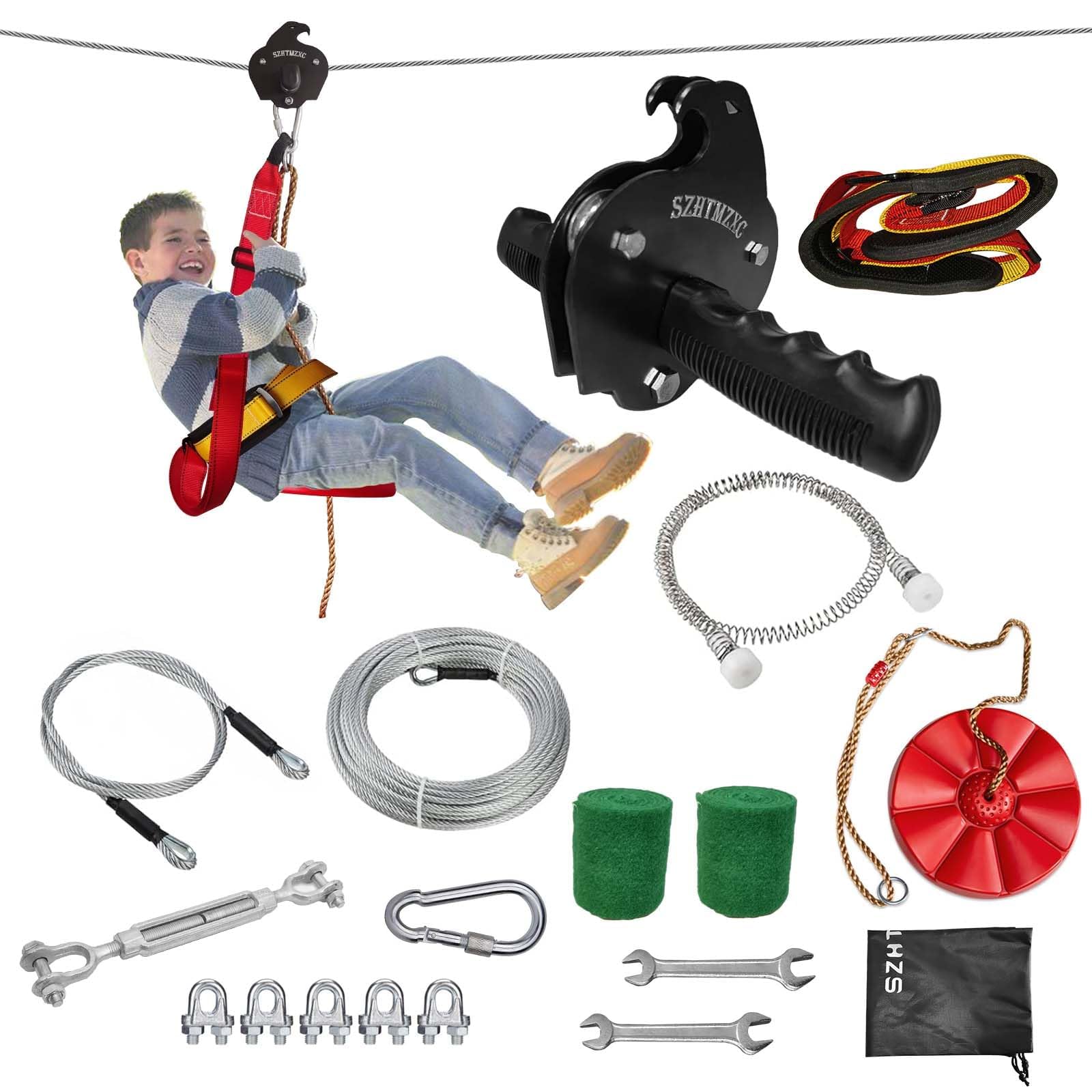 110/130/150/180/230ft Zipline Kit for Kids and Adults 350Lbs Backyard, Zip Line Stainless Steel Spring Brake, Adjustable Seat, Easy Installation Outdoor Adventure Equipment
