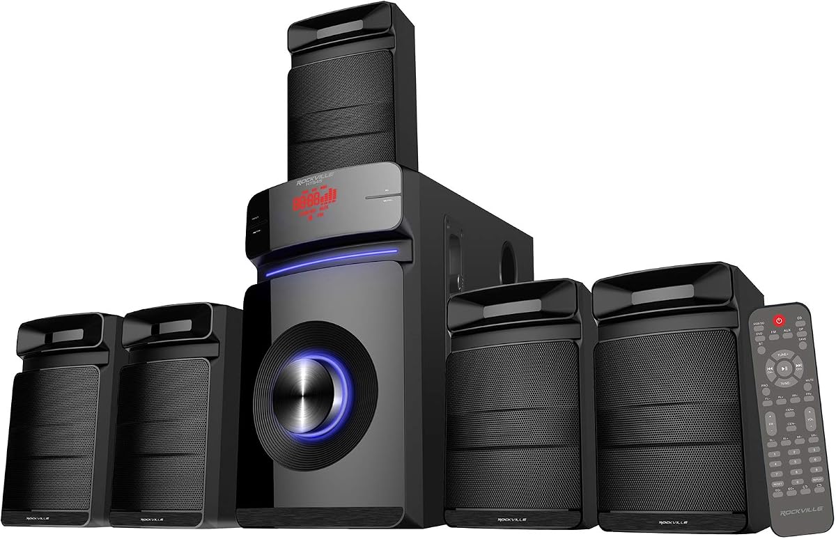 HTS45 5.1 Channel Bluetooth Home Theater Audio System | Subwoofer Included, USB/SD Playback, 2 Mic Inputs with Echo, 5 EQ Presets, Zone Volume Controls, Remote, 800W Peak