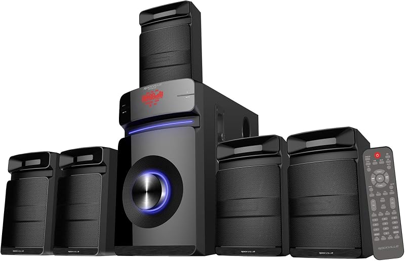 HTS45 5.1 Channel Bluetooth Home Theater Audio System | Subwoofer Included, USB/SD Playback, 2 Mic Inputs with Echo, 5 EQ Presets, Zone Volume Controls, Remote, 800W Peak