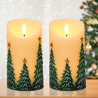 DRomance Christmas Tree Flameless Flickering Candles Battery Operated with 6H Timer 3D Wick LED Pillar Candles Real Wax Hand-Painted Dinner Holiday Christmas Indoor Decoration(2 Pack, 3" D x 5.7" H)