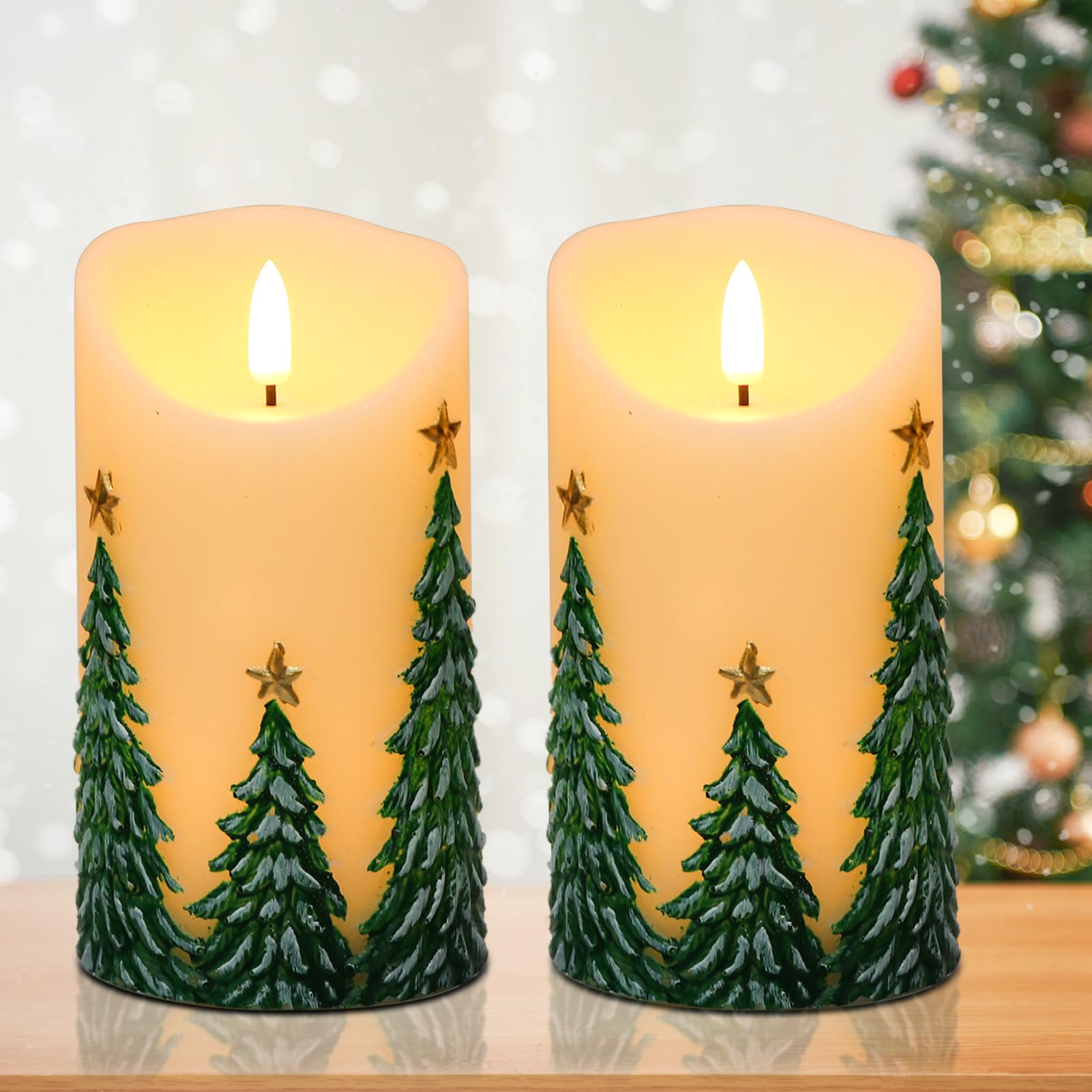 Eldnacele Christmas Tree LED Candles Battery Operated with 6 Hour Timer, Real Wax Hand-Painted Flameless Pillar Candles with Flickering Flame for Christmas Decorations(2 Pack, 3" D x 6.5" H)