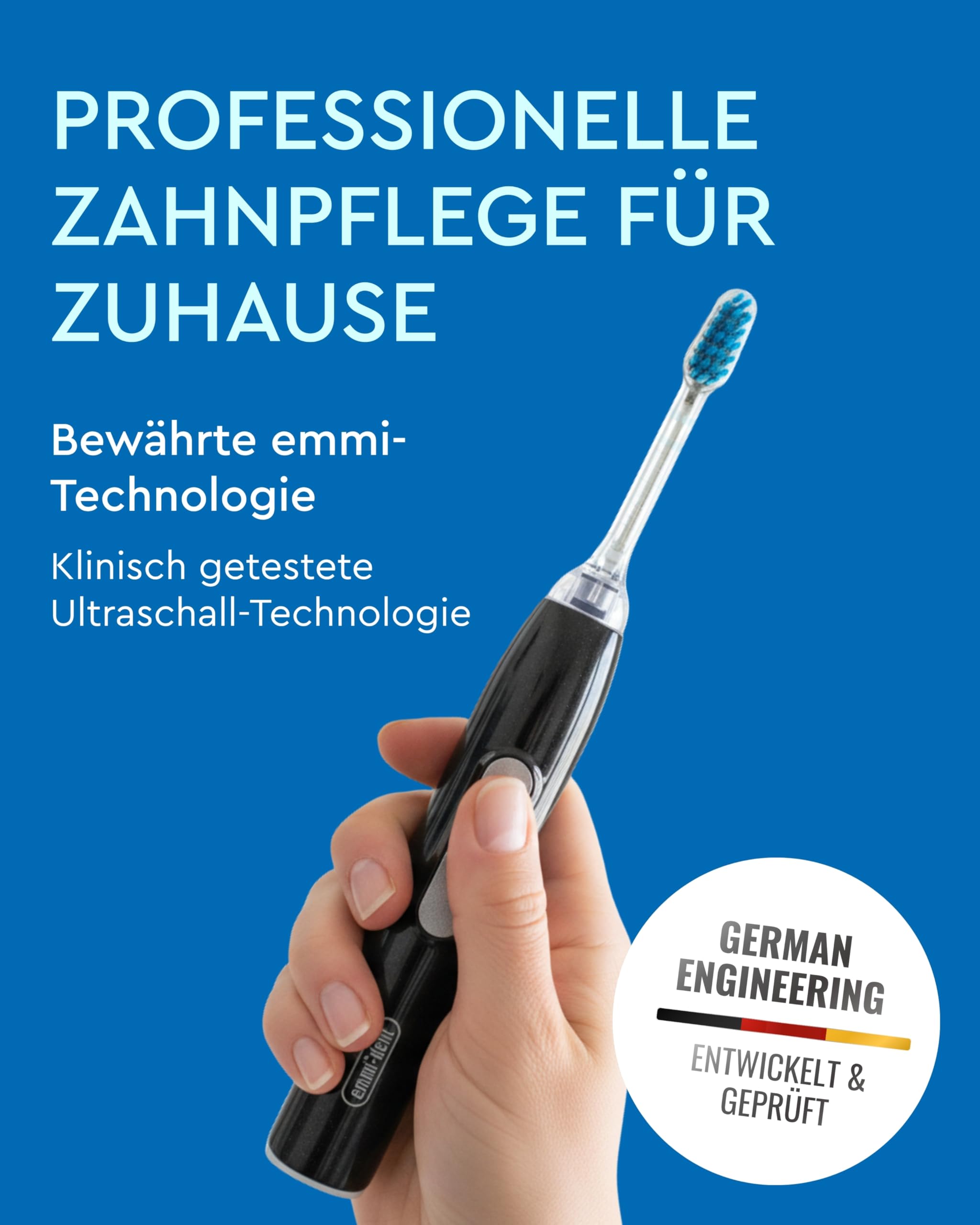 emmi-DENT Ultraschallzahnbürste I Black Diamond I Inkl. 75ml Ultraschall Zahncreme I Elektrische Zahnbürste ohne Schrubben I Zahnpflege sensible Zähne I Zahnreinigung mit bis zu 96 Mio. Schwingungen