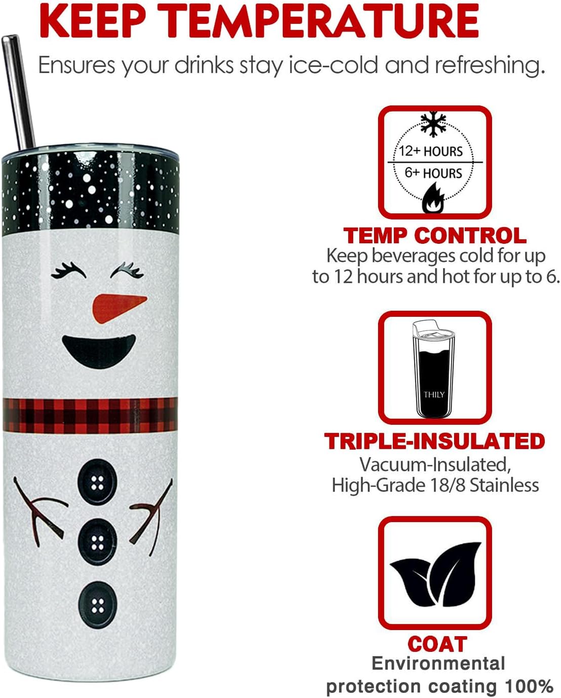 Merry Christmas Insulated Tumbler with Lids and Straws Snowman Stainless Steel Cup for New Year Holiday Xmas Christmas Funny Travel Mug Gifts 20 OZ - Image 3