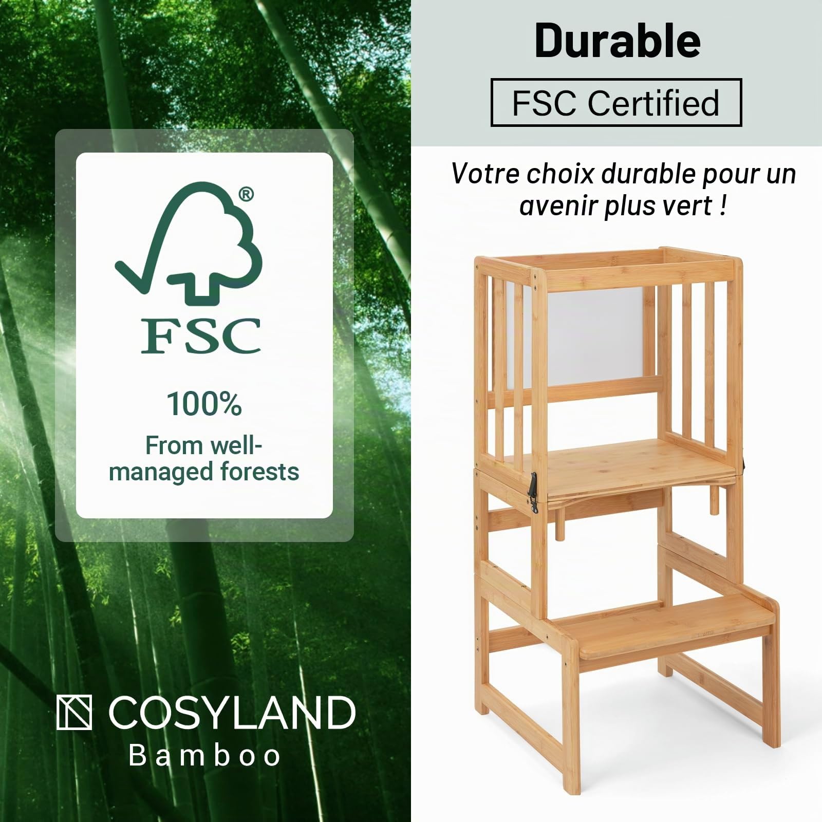 COSYLAND Tabouret de Cuisine 3 en 1 pour Enfant – Tour Debout Convertible avec Tableau Blanc pour Enfants – Aide au comptoir de Salle de Bain pour Enfants – Tabouret d'apprentissage pour Les mères