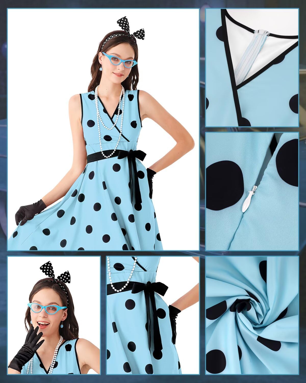 VillbeCoser 1950s Polka Dots Dress Women V-Neck Sleeveless Swing Vintage Cocktail Tea Party Dresses Retro Accessories