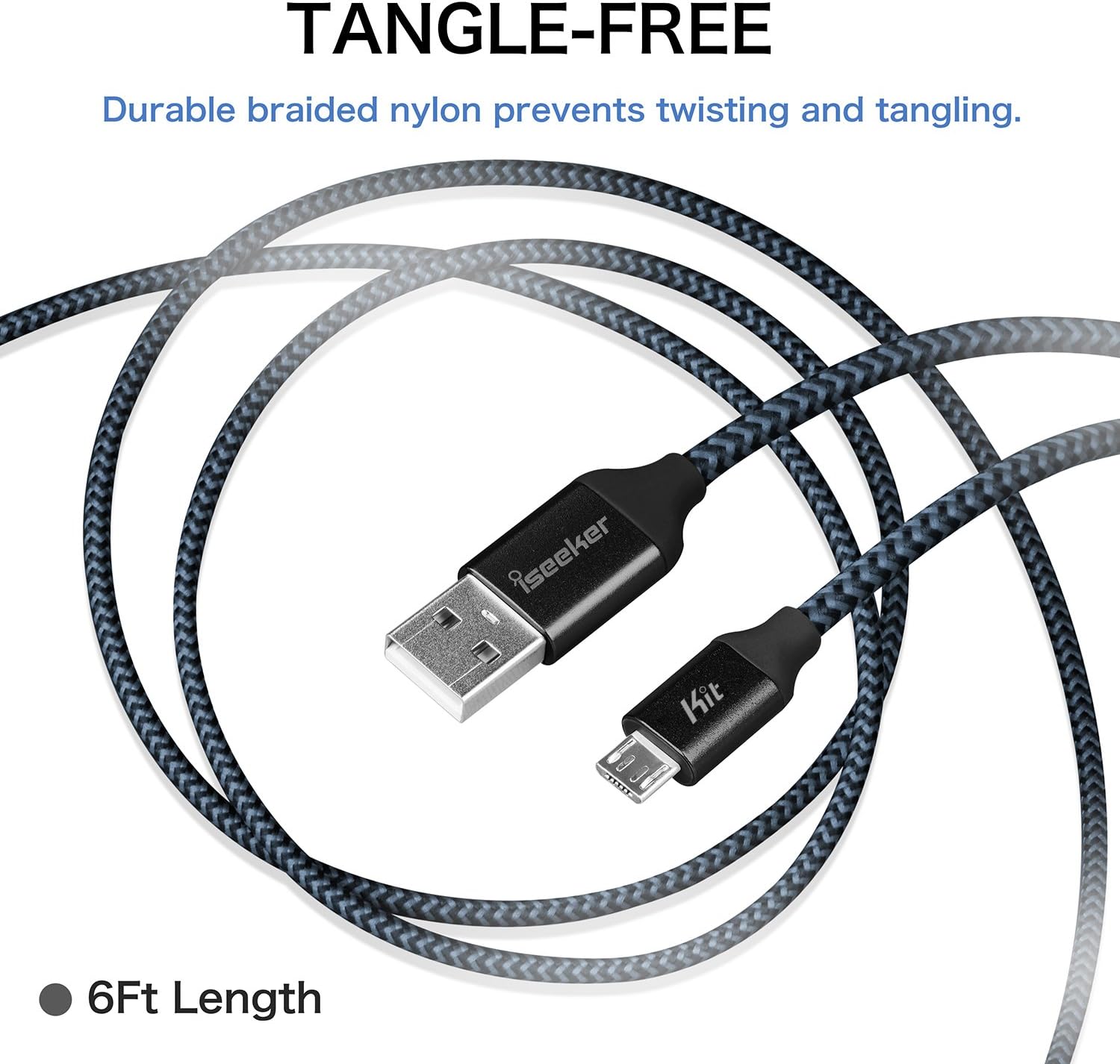 Micro USB Charging Cable, 3Pack (10ft/6ft/3.3ft) iSeekerKit USB 2.0 A Male to Micro Nylon Braided Cords with Aluminum Connector Compatible for Samsung, Android and More(Black)