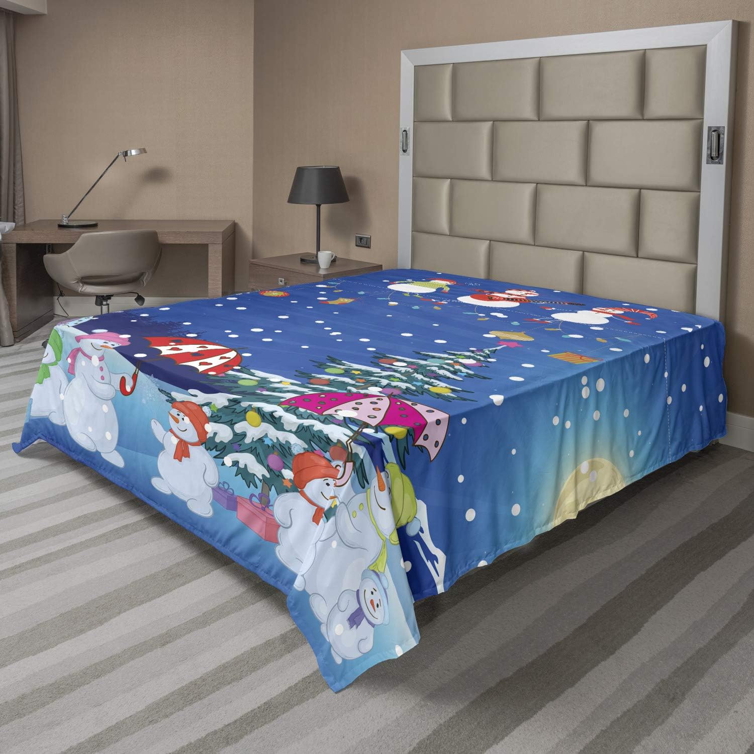 Ambesonne Christmas Flat Sheet, Jolly Snowman Party Winter Happy Cartoon Style Illustration, Soft Comfortable Top Sheet Decorative Bedding 1 Piece, Full Size, Multicolor