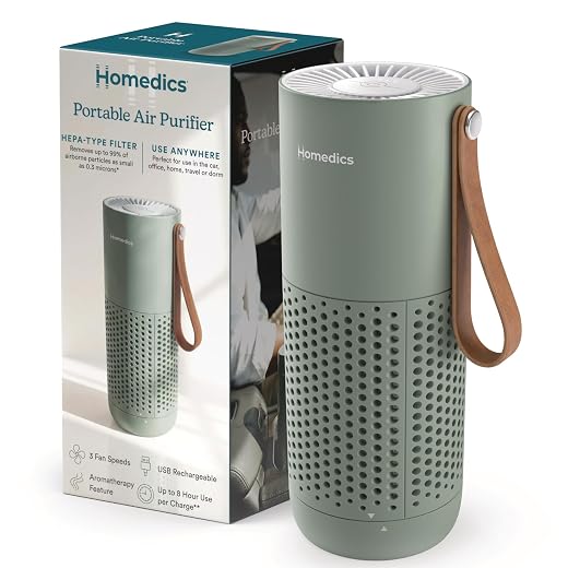 Homedics Mini Air Purifier, Portable Air Purifier with HEPA-Type Filter & Activated Carbon, USB Rechargeable Small Air Purifier for Bedroom, Home, Office, Car, Travel & Dorm, 3 Fan Speeds, Sage Green