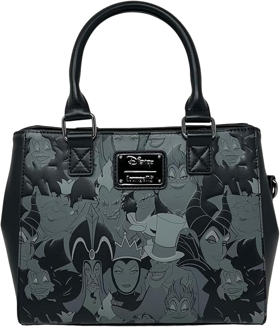 Loungefly Disney Villains Debossed Allover Print Crossbody Satchel Handbag Purse, Black, M