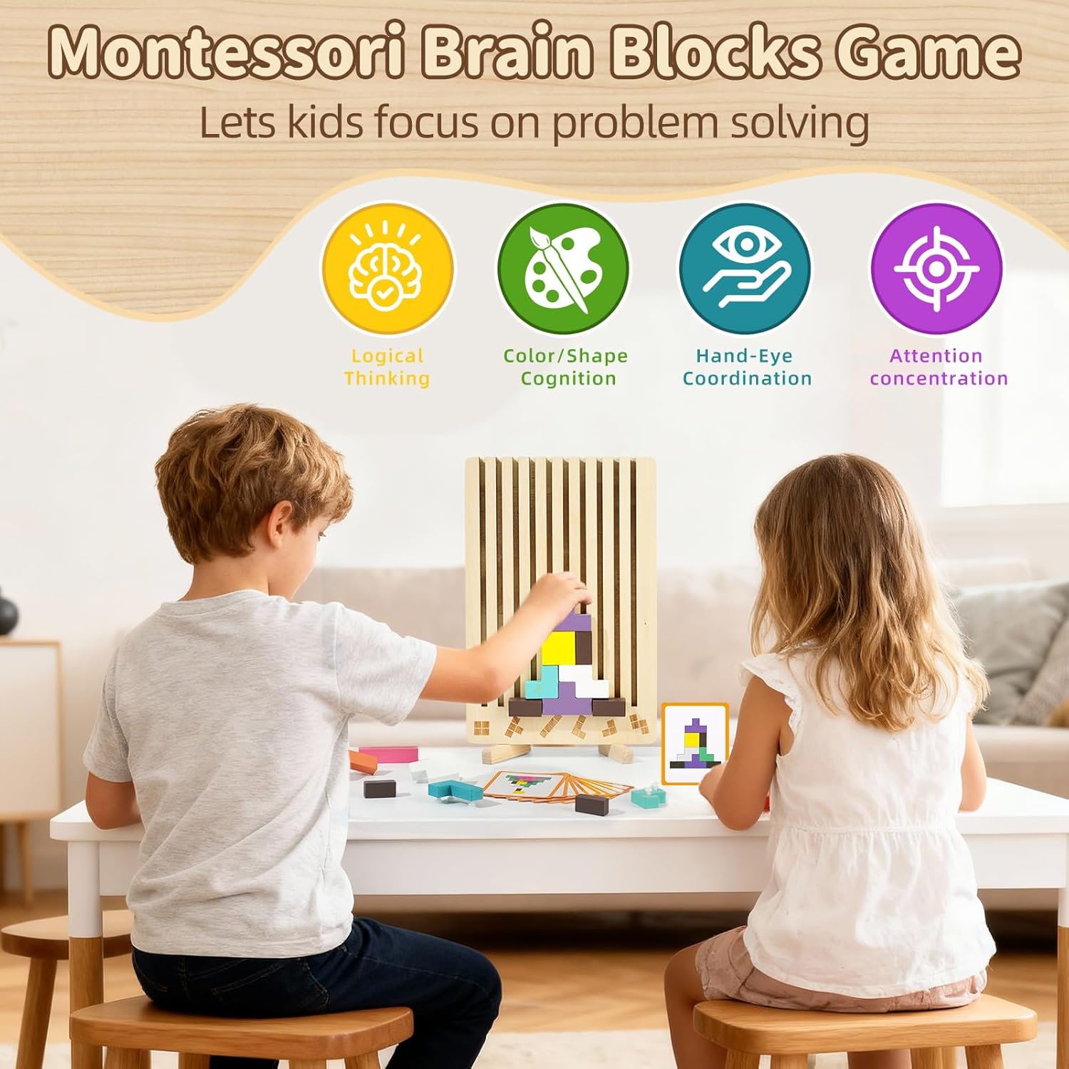 Wooden Stacking Puzzle Toy, Montessori Brain Blocks for Kids, 42Pcs 3D Russian Block Brain Teaser Puzzles & Wooden Puzzles for Toddlers, Educational Family Interactive Board Game, Gift for 3+ (2 Box)