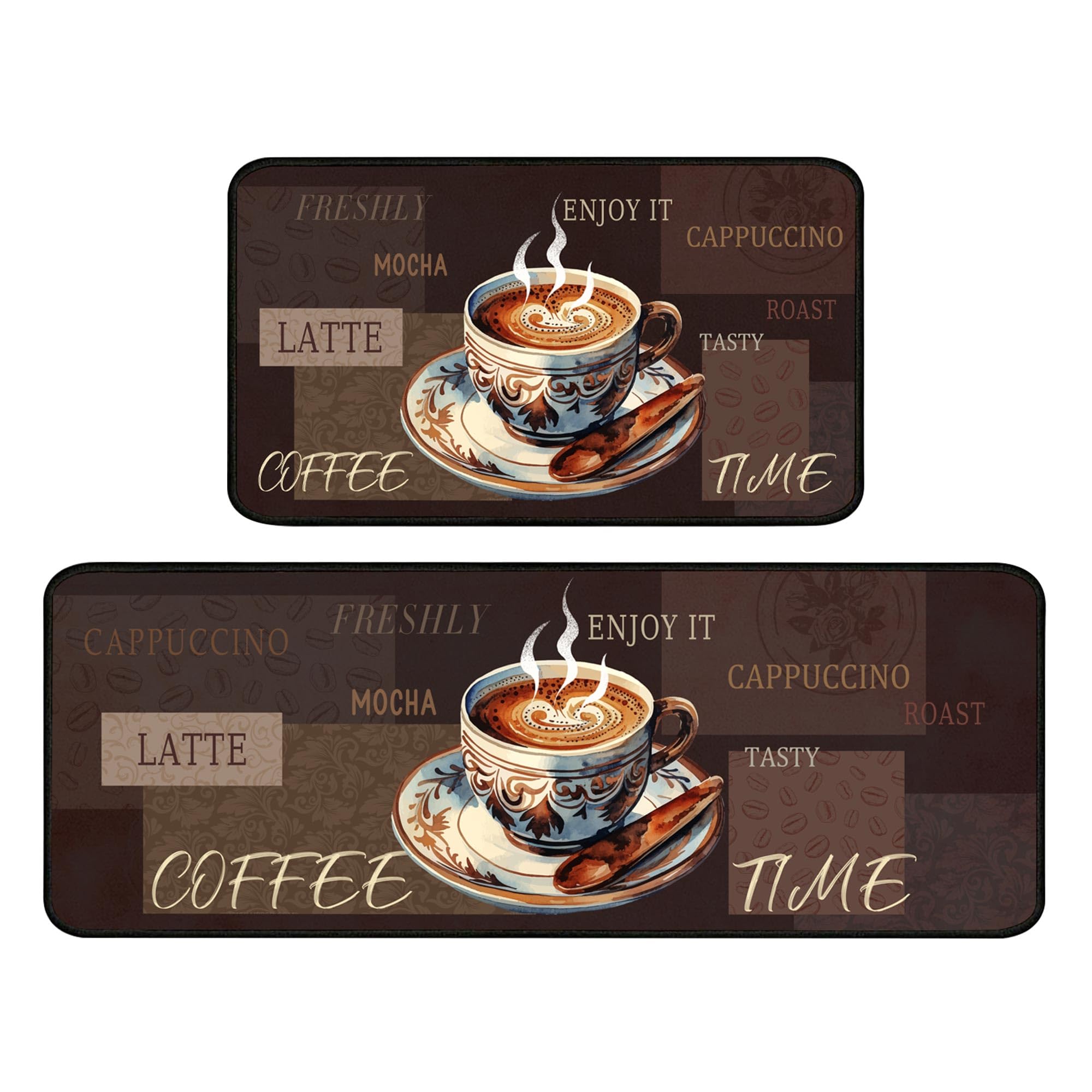 UIHGUHO 2 Piece Coffee Themed Kitchen Rug Set, Soft and Absorbent Kitchen Floor Mats, Vintage Style Decor 17x30+17x47 Inches