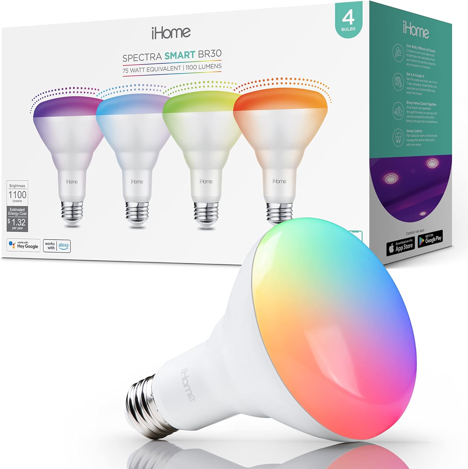 iHome Spectra Smart Color Light Bulbs, 1100 Lumens 10W (75W