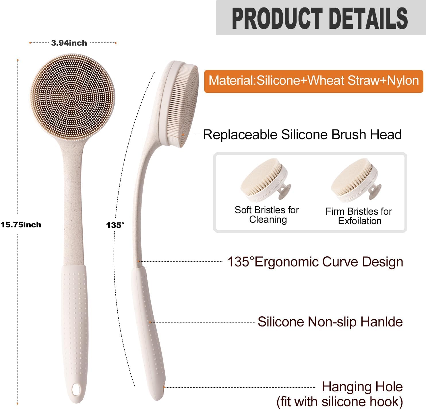 Silicone Back Scrubber for Shower with 3 Heads & Handles,Beige
