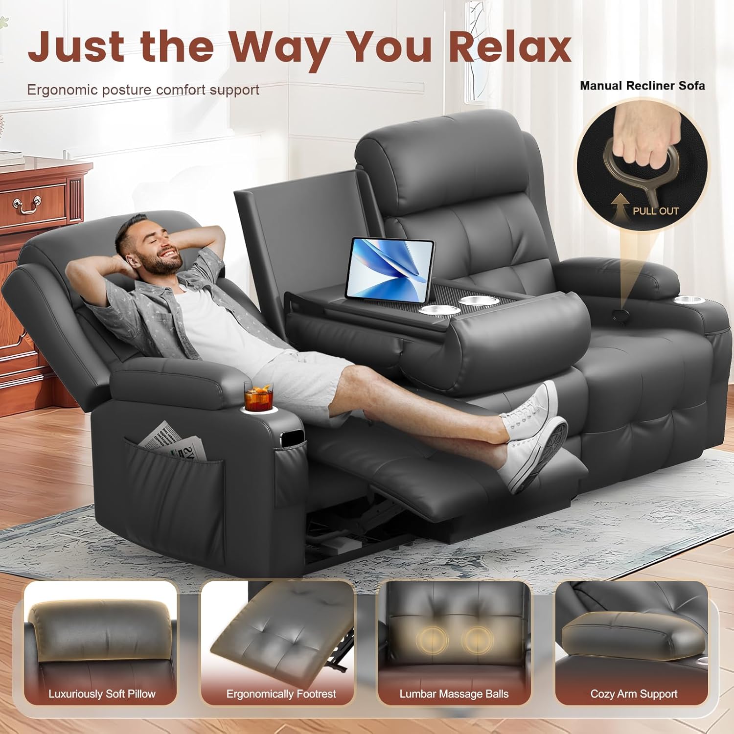 Loveseat Recliner, 3 Seater Massage Reclining Sofa Sets Heavy Weight Capacity, RV Loveseat Couch Clearance with Drop Down Table, Storage, Cup Holders, Wall Hugger Reclining Couch for Living Room