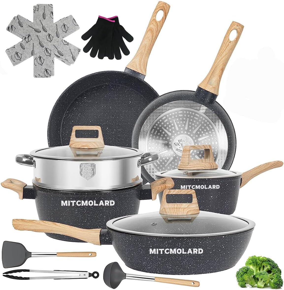 MITCMOLARD14-Piece Granite Cookware Set, Induction Compatible, Non-Stick Pots and Pans with Glass Lid, PFOA Free