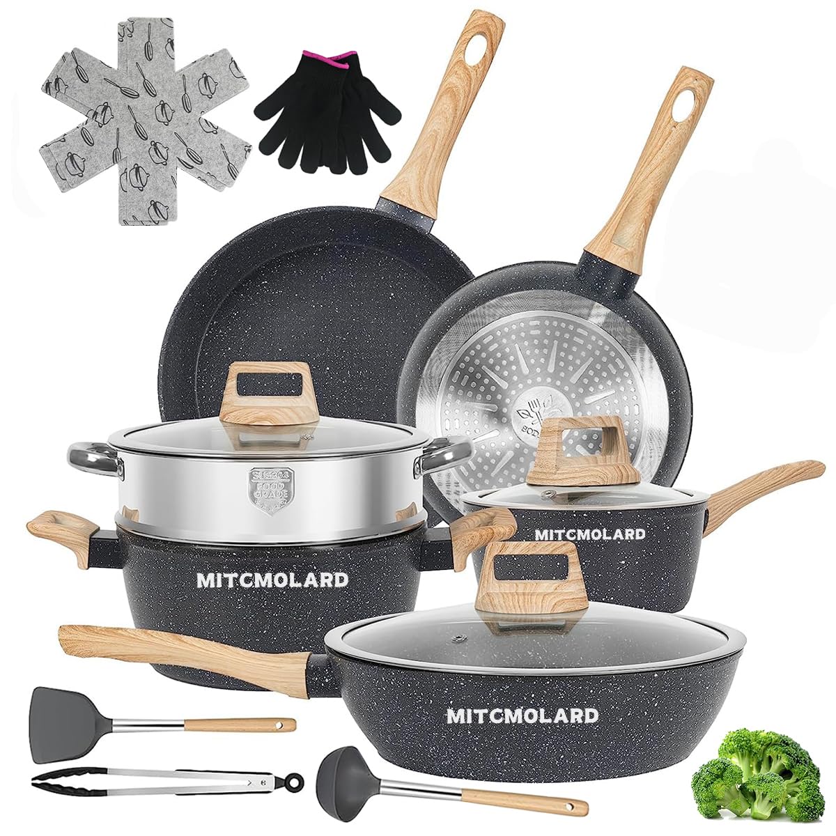 MITCMOLARD14-Piece Granite Cookware Set, Induction Compatible, Non-Stick Pots and Pans with Glass Lid, PFOA Free