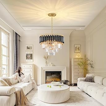 Modern Crystal ChandeliersCrystal Pendant Light Fixture 3-Tier Gold Black Chandelier Ceiling Light for Dining Room Living Room E14 * 5 Bulb (Excluding Bulbs) [Energy Class B]