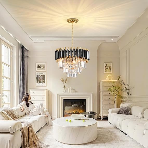 Modern Crystal ChandeliersCrystal Pendant Light Fixture 3-Tier Gold Black Chandelier Ceiling Light for Dining Room Living Room E14 * 5 Bulb (Excluding Bulbs) [Energy Class B]