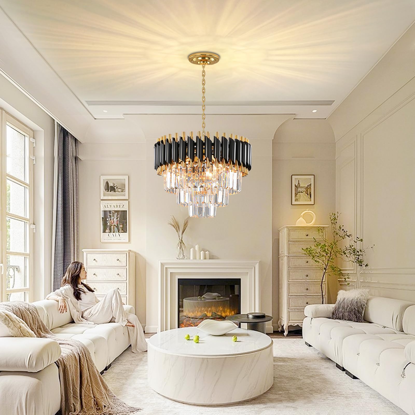 AHXIAOZN Lampadario Moderno di Cristallo, 15.7 '' Nero e Oro di Cristallo Lampada a Sospensione, 3-Tier Lampadario, Lampadari Rotondi Per Sala Da Pranzo, Soggiorno, E14 x 5 Luci