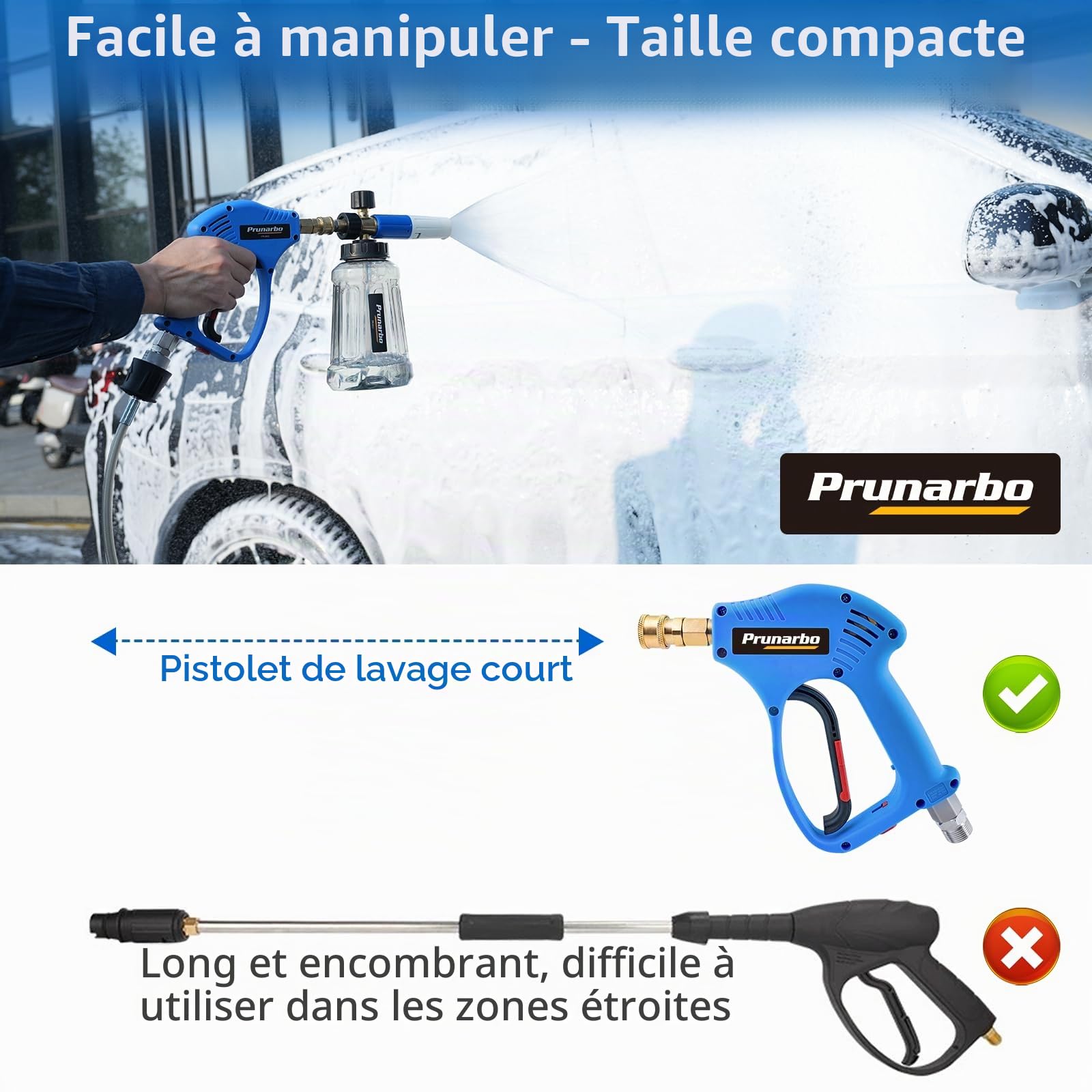 Kit Pistolet de Nettoyeur Haute Pression avec Canon à Mousse, 1/4" Raccord Rapide, 5 Embouts de buses, Adatateur compatible Nilfish/Bosch (PR-M02-NB-B)
